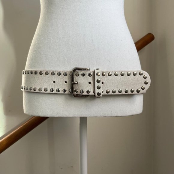 Accessories - Vintage Low Rise Wide Belt White Genuine Leather Silver Studs Studded Thick Punk